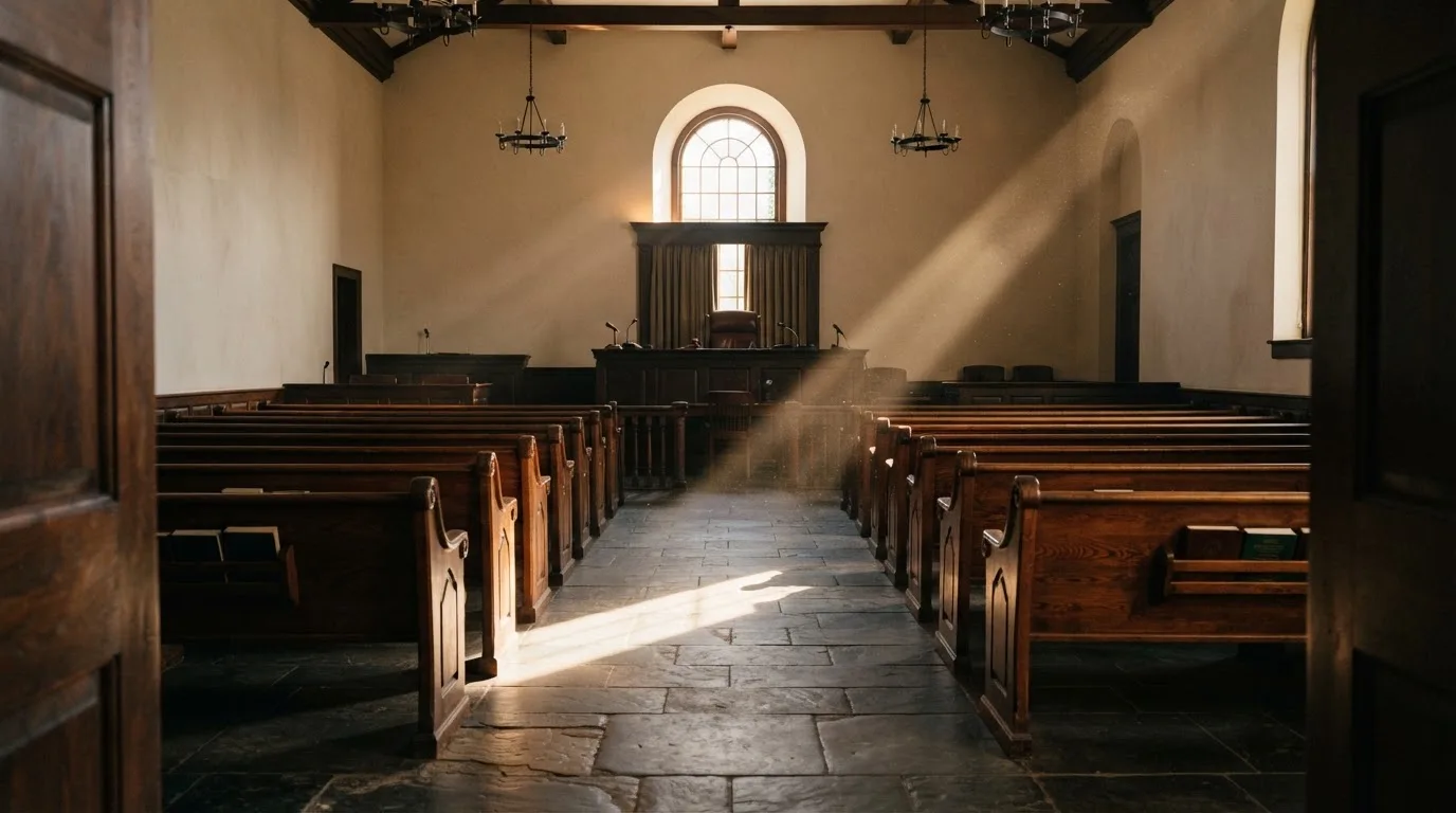 An empty courtroom with wooden benches in morning light