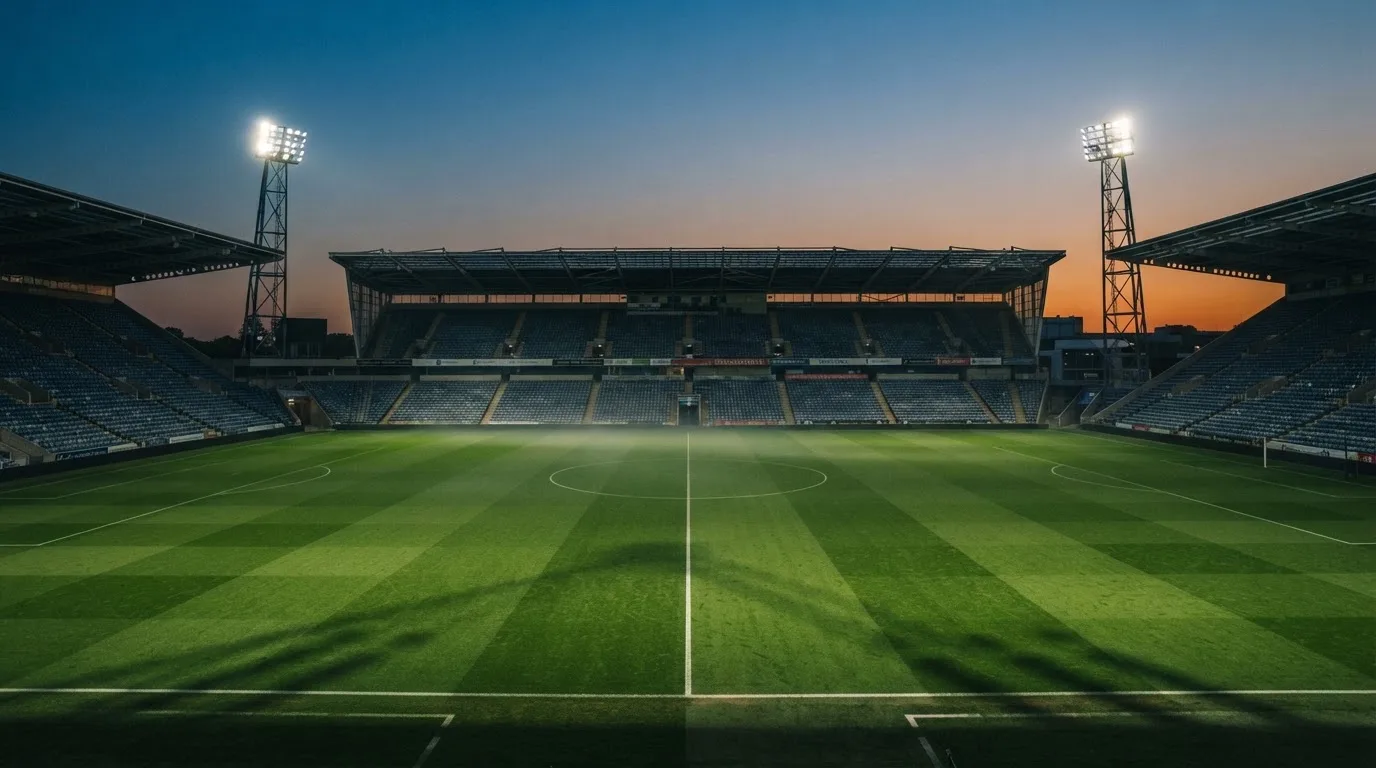 An empty football stadium with floodlight masts at dusk