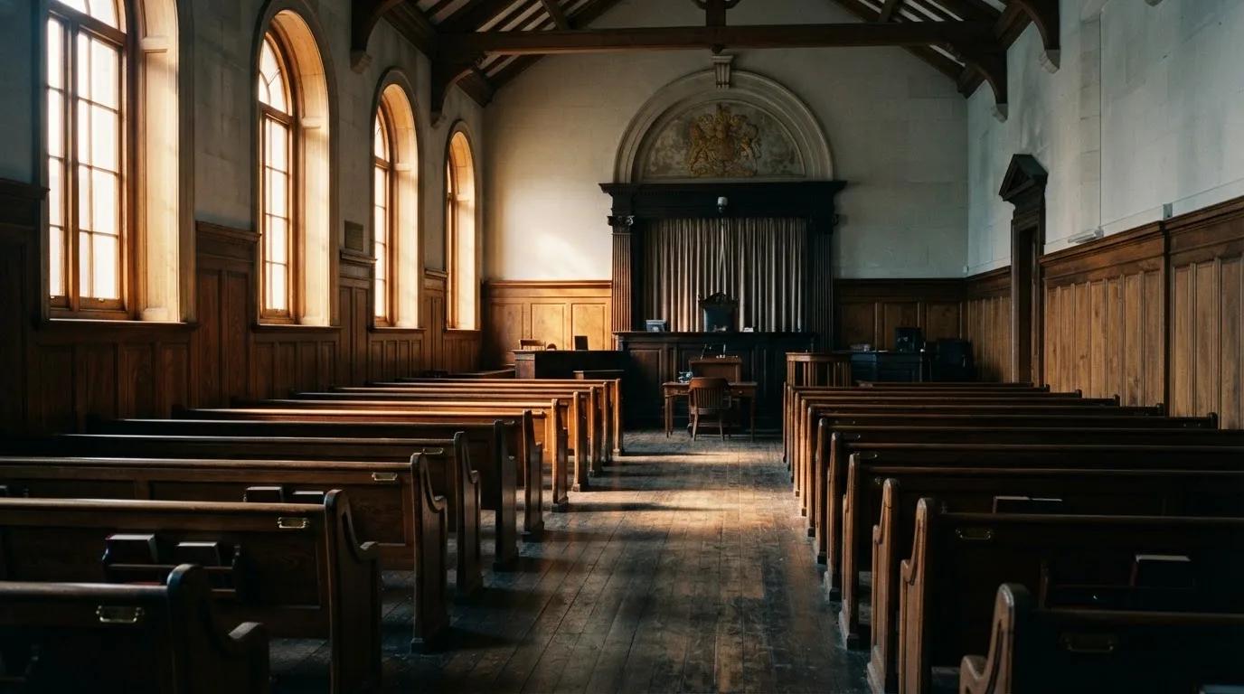 An empty courtroom with wooden benches in morning light