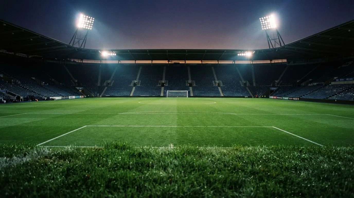 An empty football stadium with floodlight masts at dusk