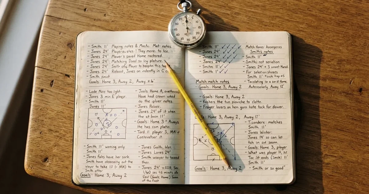 An open notebook with a pencil and a stopwatch on a wooden table