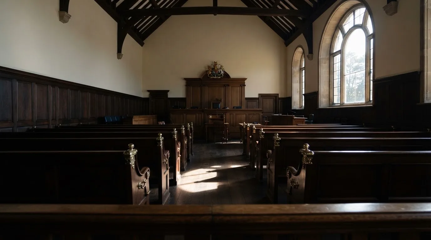 An empty courtroom with wooden benches in morning light