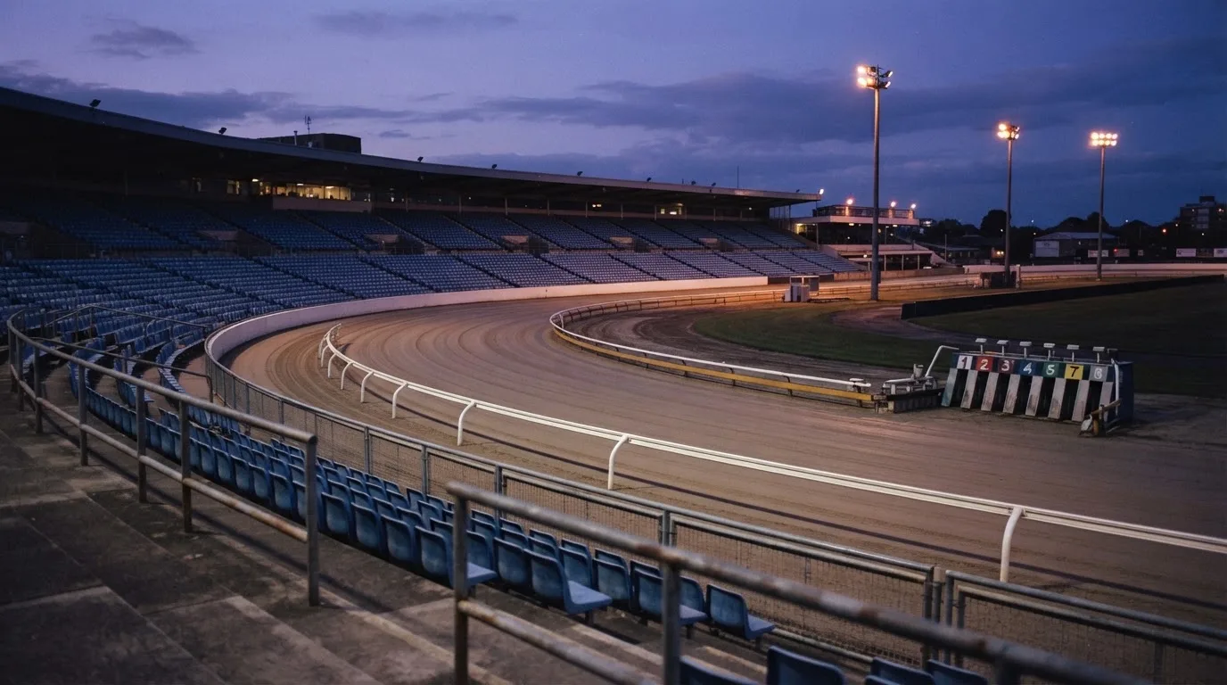 An empty football stadium with floodlight masts at dusk