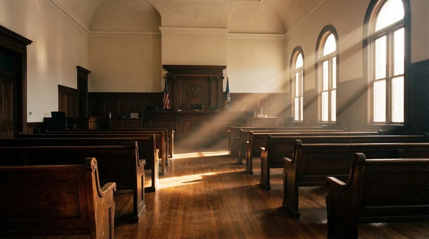 An empty courtroom with wooden benches in morning light