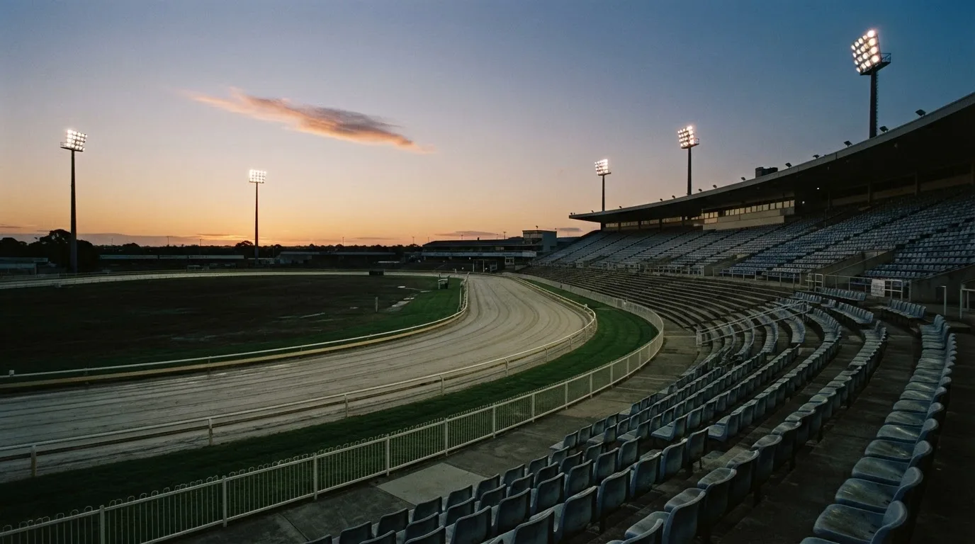 An empty football stadium with floodlight masts at dusk