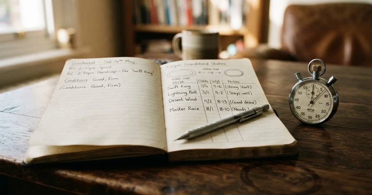 An open notebook with a pencil and a stopwatch on a wooden table
