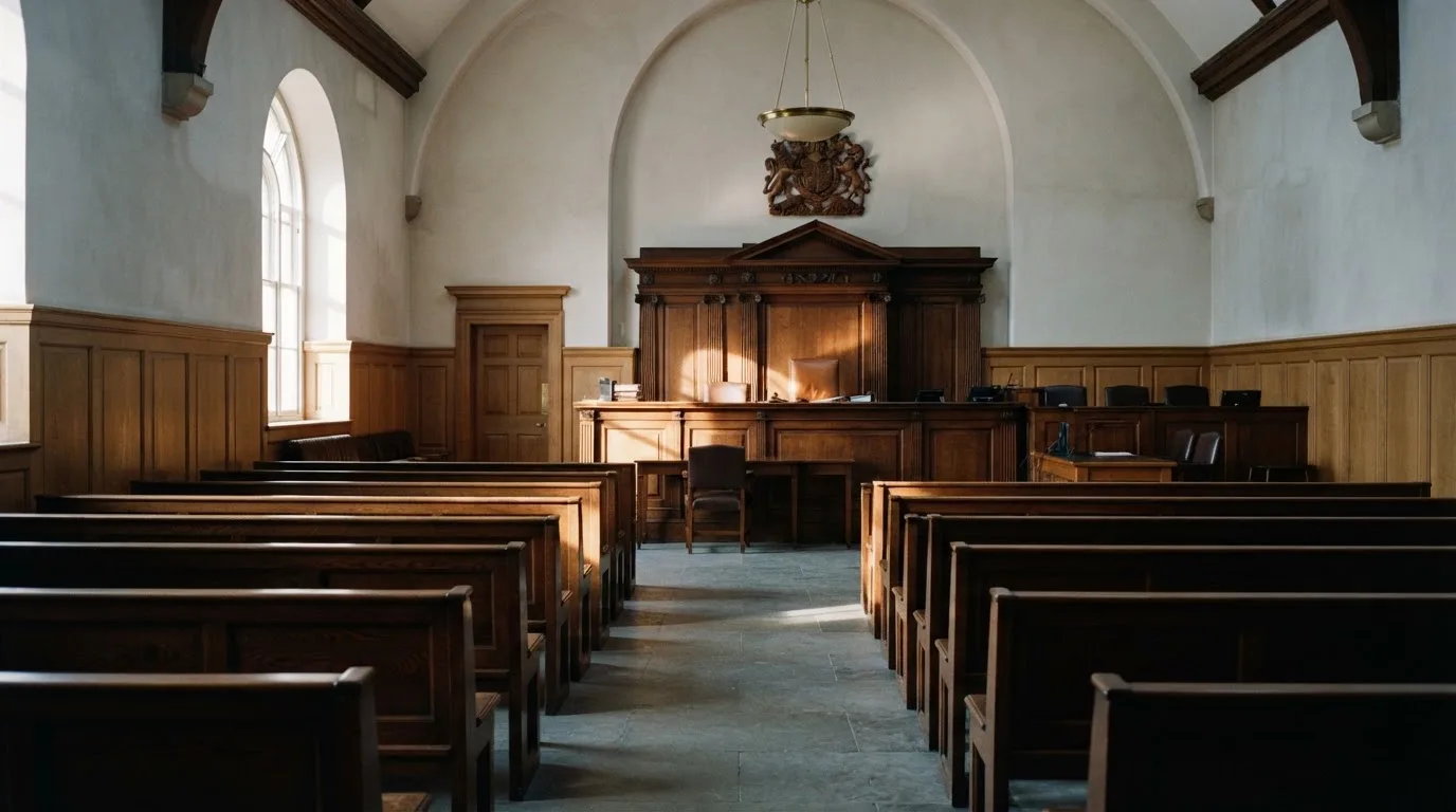 An empty courtroom with wooden benches in morning light