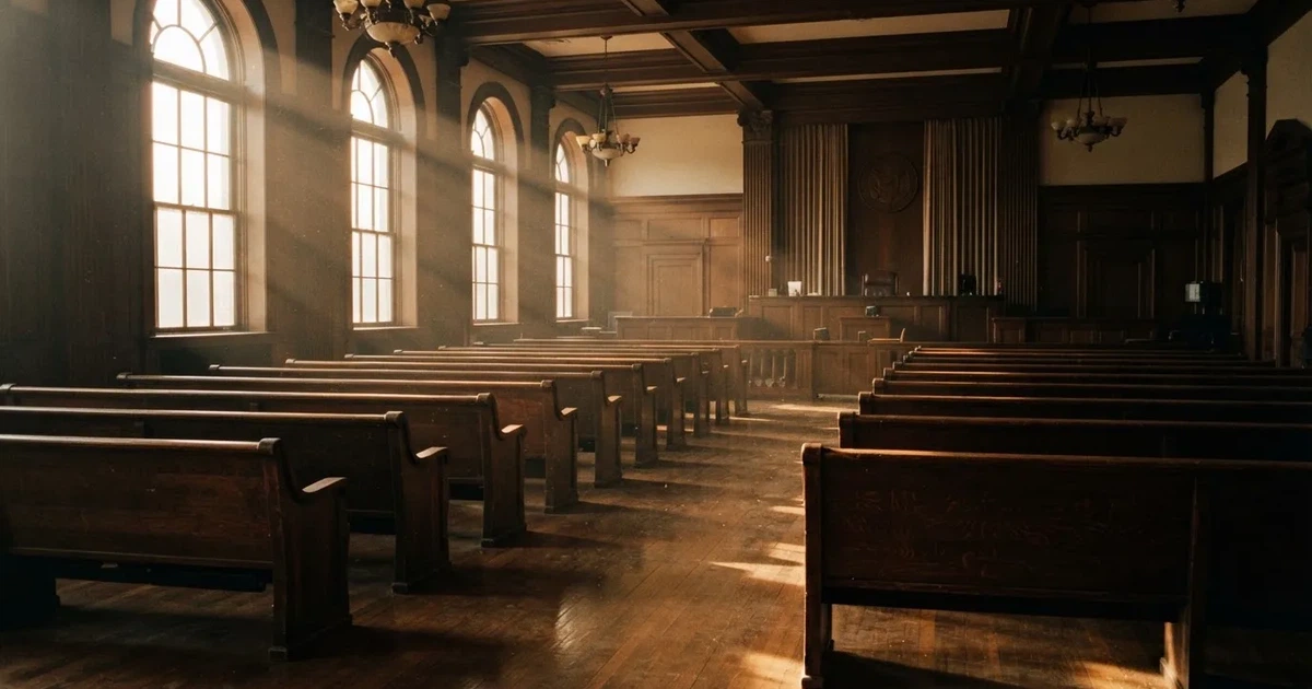 An empty courtroom with wooden benches in morning light
