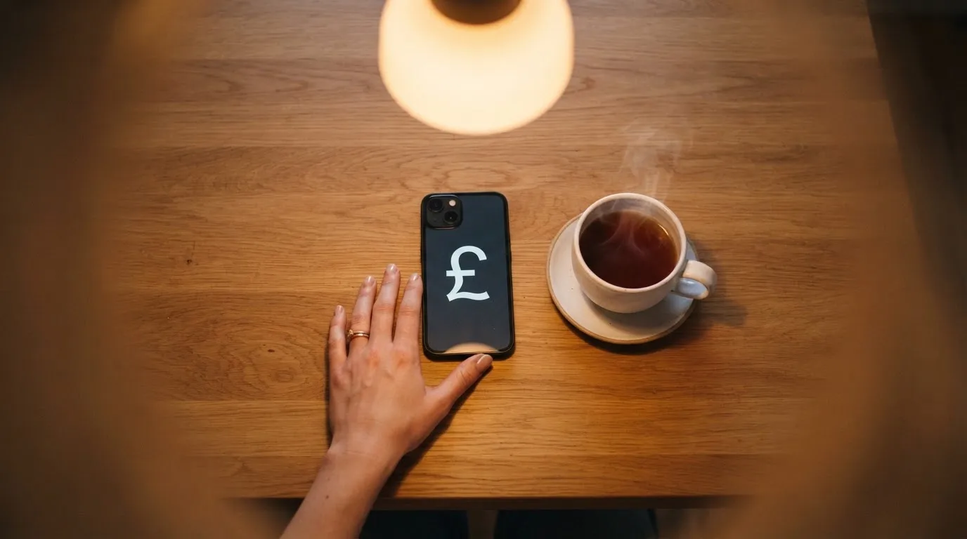 A hand setting a smartphone down beside a cup of tea on a kitchen table on a quiet evening
