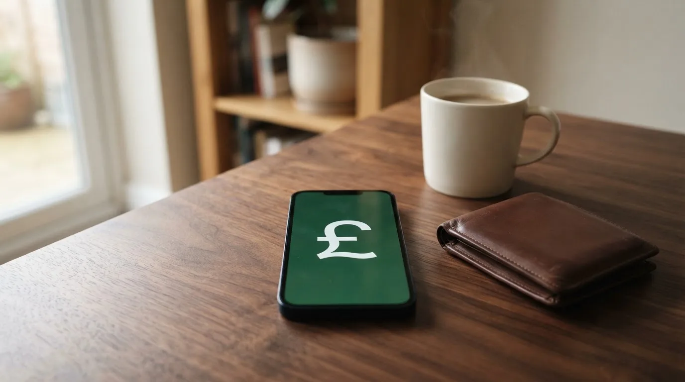 A smartphone on a wooden table beside a wallet and a coffee cup