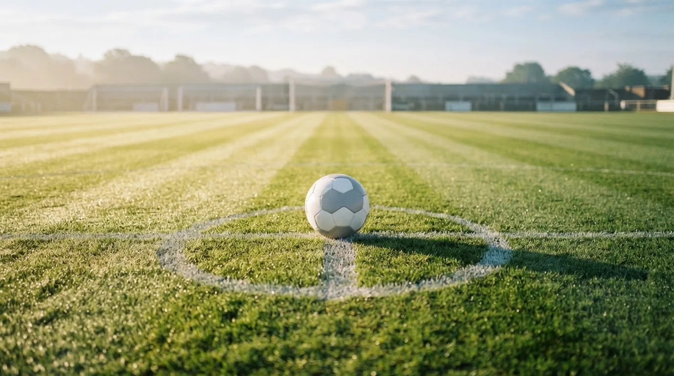 A ball on the centre spot of a grass pitch in morning light