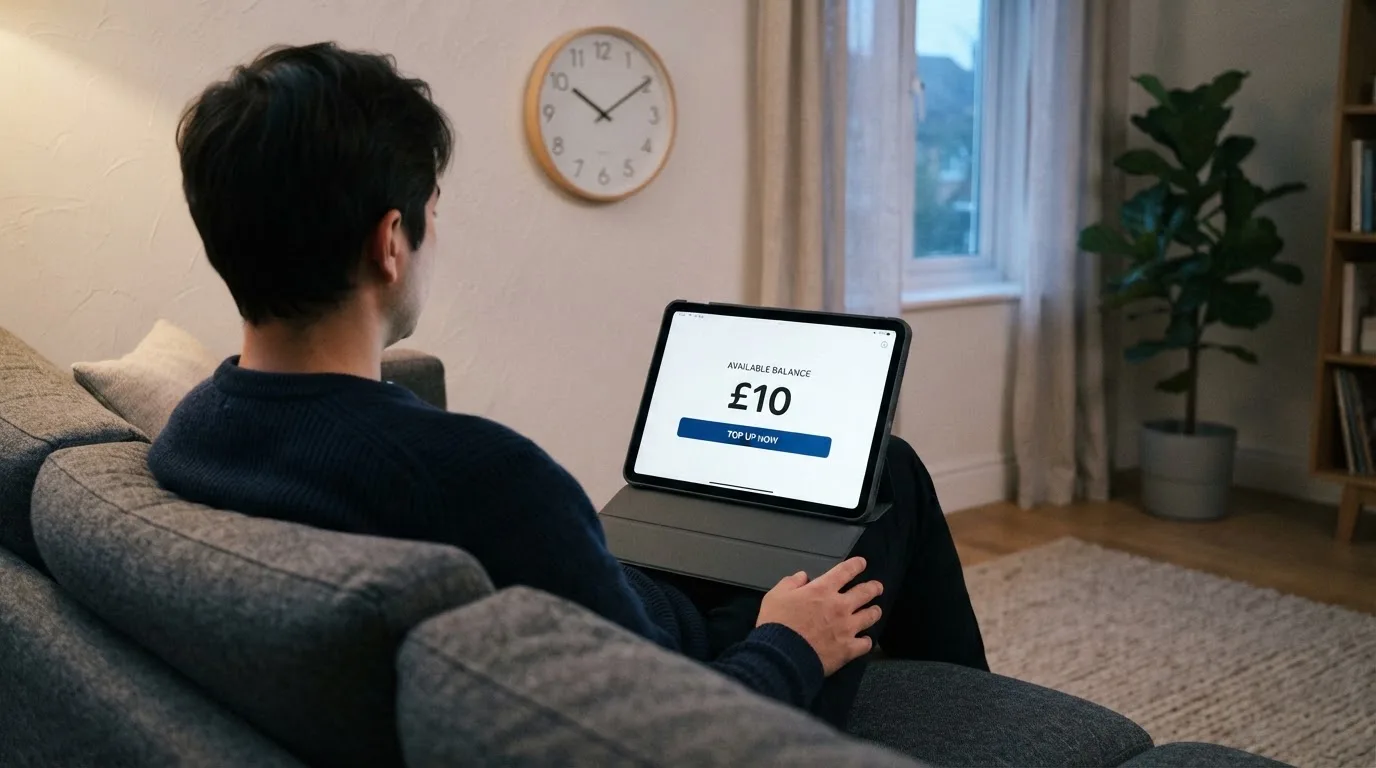 A person on a sofa looking thoughtfully at a tablet, a wall clock in the background