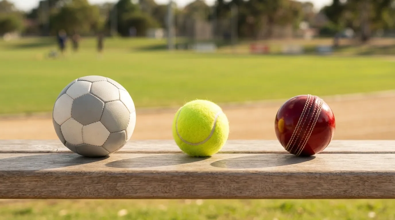 Three balls of different kinds side by side on a wooden bench