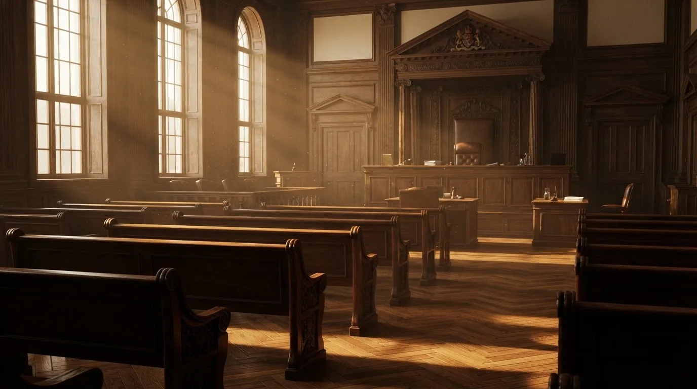 An empty courtroom with wooden benches in morning light