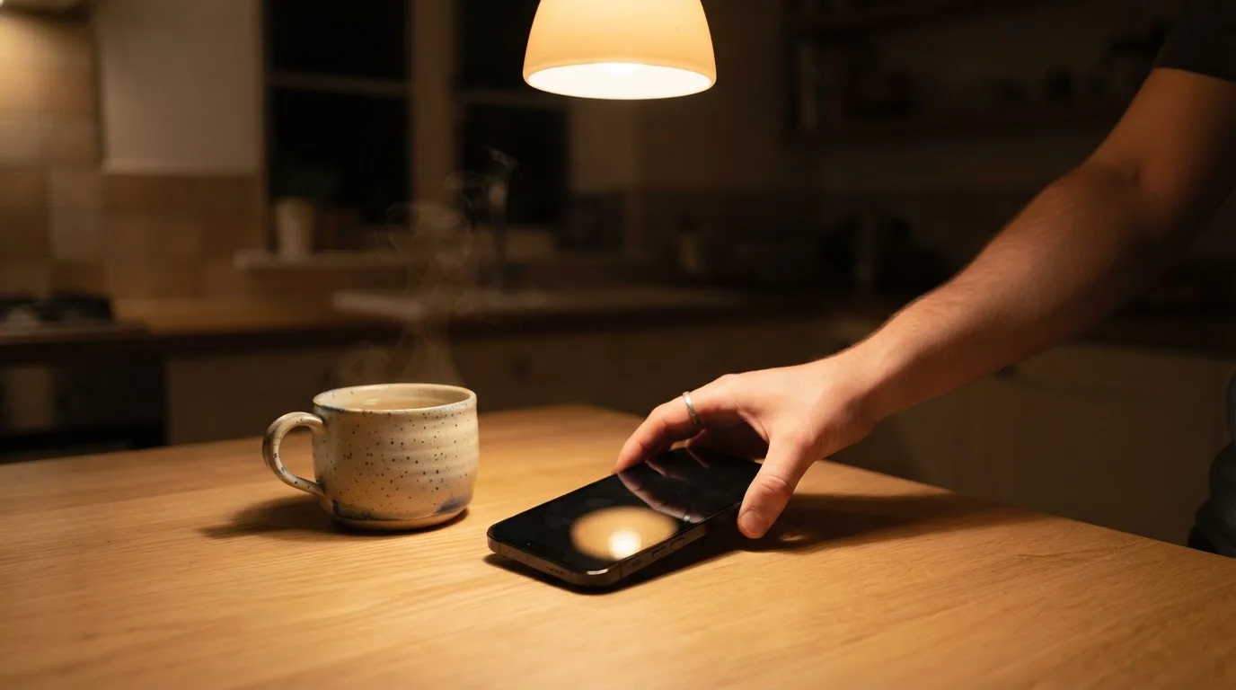 A hand setting a smartphone down beside a cup of tea on a kitchen table on a quiet evening